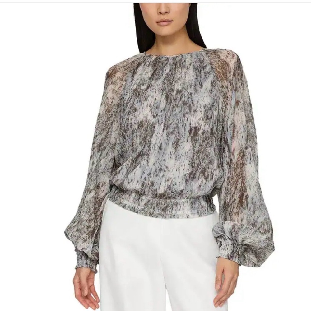 NEW Lafayette 148 Gathered Splatter-Print Plisse Blouse Sz XS $898